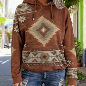 SHEIN Brown Geometric Pattern Hoodie
